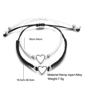 Adjustable heart charm friendship bracelets in black and white hemp rope set