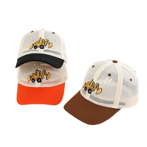 Breathable mesh baseball caps for kids featuring cartoon excavator embroidery patterns