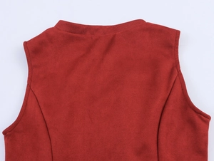 Close-up of red sleeveless dress featuring faux suede fabric texture and stitching