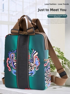 Detailed view of dark green nylon backpack with lion art and leather strap accents