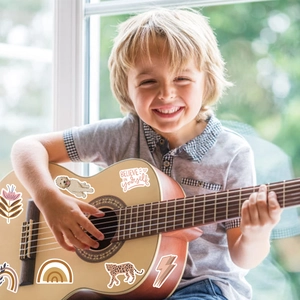 Boho graffiti waterproof stickers featuring animals and flowers on a guitar