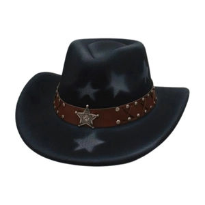Western black felt cowboy hat featuring white star prints and a studded leather band