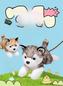 Detail of soft husky plush dolls in brown and grey colors with realistic blue eyes