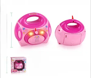 Pink toy radio for kids with floral patterns and product packaging dimensions