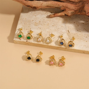 Heart Stud Earrings 14K Gold Plated Copper Colorful Cubic Zirconia Small Minimalist French Style Women