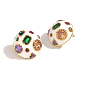 18K gold plated stainless steel white enamel stud earrings with colorful cubic zirconia