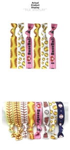Detail of softball hair ties featuring baseball stitch patterns and elastic band texture