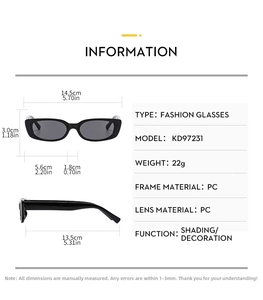 Size chart showing dimensions for square vintage sunglasses including frame width and lens height