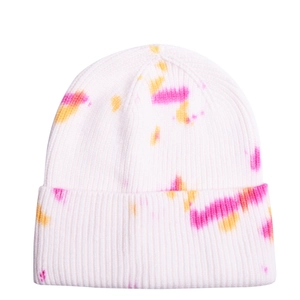 Detailed knit texture of white tie-dye beanie with vibrant pink and yellow highlights