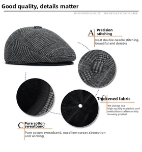 Detail view of winter flat cap with thick lining and soft cotton sweatband features