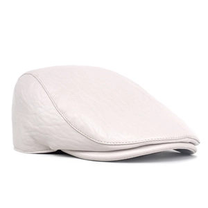 Detailed view of light gray PU leather beret hat with fine stitching and retro texture