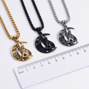 Viking wolf moon pendant necklaces in gold, black and silver colors showing size measurement