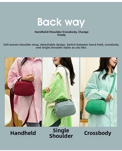 Detail view of colorful nylon crossbody bags with adjustable woven straps and logo patch