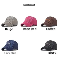Color options of vintage washed baseball caps with embroidered letters and distressed details