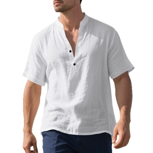 Men's summer white linen short sleeve shirt with henley neck and black buttons