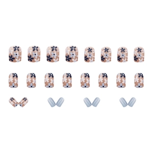 Short square press-on nails with vintage blue florals and Morandi blue finish