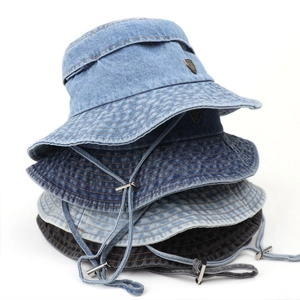 Bucket Hat Denim Cotton Wide Brim Adjustable Windproof Rope Breathable Mesh Retro Casual Sun Protection Outdoor Hat