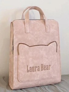 Pink minimalist laptop backpack for women with cat ear pocket and Laura Bear embroidery