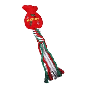Christmas pet rope toy with red plush Merry sack and colorful braided cotton knots