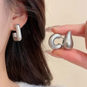 Minimalist silver irregular geometric earrings set with U-shape and drop designs