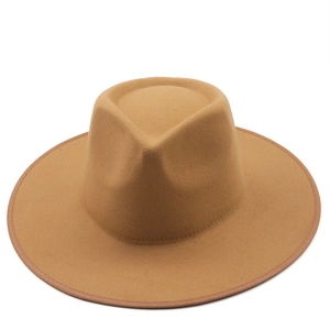 Top view of a classic khaki wool felt fedora hat with a flat brim and teardrop crown