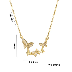 Elegant gold butterfly zircon pendant necklace with layered charms and 40+5cm adjustable chain