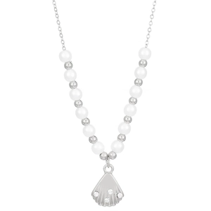French vintage shell pendant necklace with pearls and rhinestones in silver finish