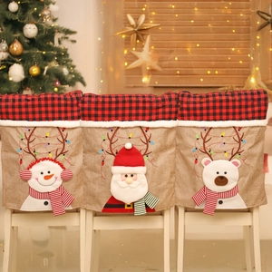 Christmas Chair Back Covers Burlap Buffalo Plaid Santa Snowman Reindeer Applique Decor For Dining Room Kitchen Festive