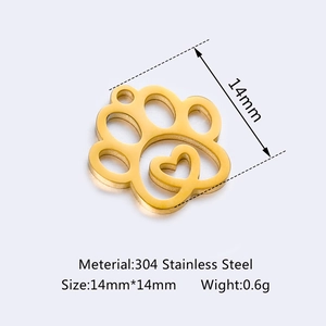 Detailed close-up of 14mm gold-plated stainless steel pet paw pendant with heart cutout