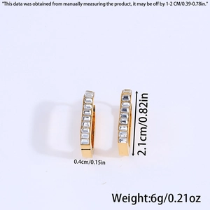 Detailed size chart of gold rectangular earrings with crystals and 18k gold plating