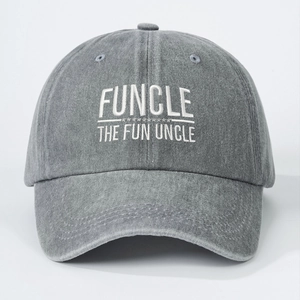 Washed gray baseball cap featuring FUNCLE THE FUN UNCLE embroidery and adjustable strap