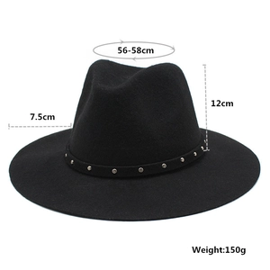 Detail view of black wool fedora with 7.5cm brim, 12cm height, and 56-58cm size info