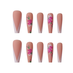 Faux ongles ballerine longs rose mat avec pointes en V et motifs floraux peints