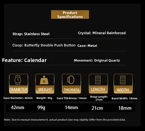 Detailed specification chart showing 42mm steel case and quartz movement features