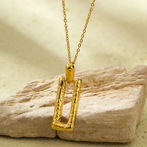 18K gold plated stainless steel necklace with textured rectangular hammered pendant