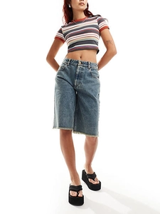 Bermuda En Jean Pour Femme Taille Haute Effiloché Ourlet Brut Coton Jambe Droite Décontracté Rétro Bleu Jorts