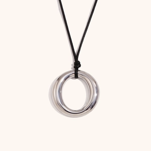 Minimalist silver stainless steel ring pendant necklace with thick black cord strap