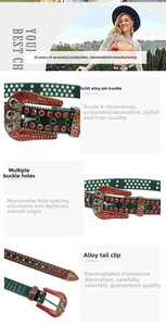 Detail of western Y2K belt with skull buckle and red rhinestones on green studded leather