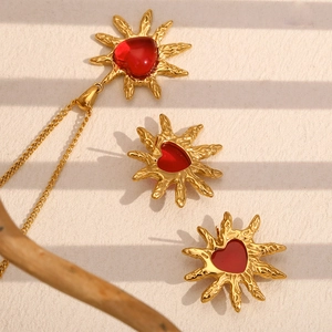 18K gold plated sunburst jewelry set with red heart agate necklace and stud earrings