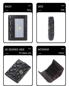 Quilted black leather card holder shown in back, side, 45 degree and interior views