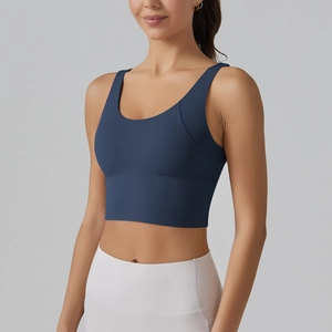Navy blue V-neck sports bra with wide straps and high-elasticity fit for yoga and gym workouts