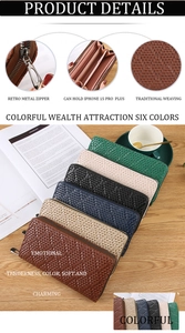 Detail of woven leather long wallets showing multiple colors and large internal capacity