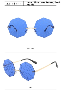 Detail of octagonal blue sunglasses with gold metal spider web engraved lenses