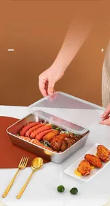 Detail showing the transparent silicone lid sealing the stainless steel food container