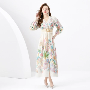Women V Neck Long Lantern Sleeve Tropical Floral Bird Print Maxi Dress Elegant Vacation Retro With Belt