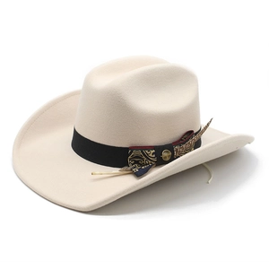 Classic beige wool felt fedora hat featuring vintage bohemian band and natural feather