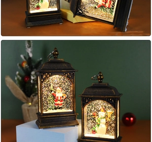 Close-up of lighted Christmas lantern with Santa and snowman figurines and swirling glitter