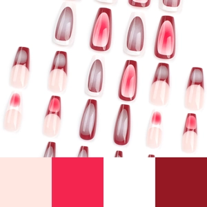 French gradient press-on nails in long coffin shape with burgundy cat-eye finish