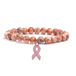 Bracelet en perles d'agate rose œil de chat de 8mm avec breloque ruban rose