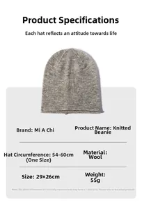 Guide des tailles du bonnet en laine avec détails de mesures et texture grise